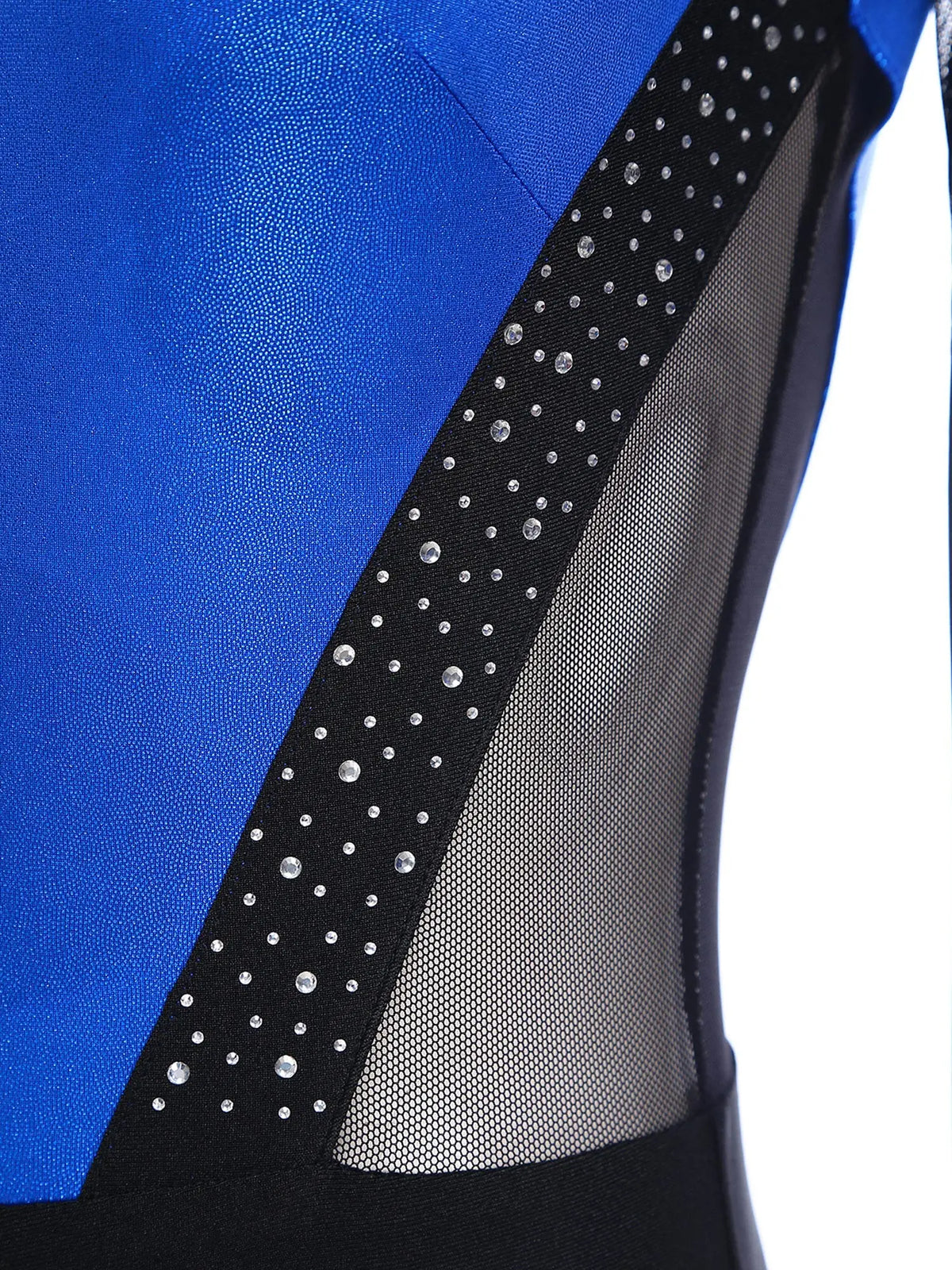 Women's Rhinestone Color-Block Dance Jumpsuit | Sheer Mesh Long Sleeve & Ankle Length | Gymnastics & Performance