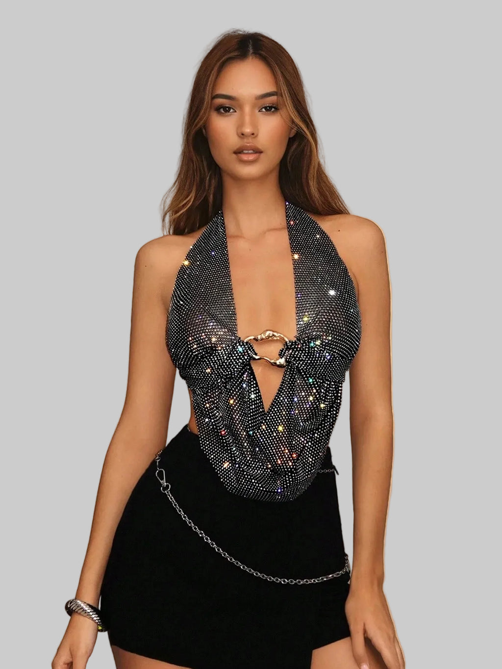 Rhinestone Mesh Crop Top - Backless Bandage Halter with Deep V-Neck