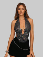 Rhinestone Mesh Crop Top - Backless Bandage Halter with Deep V-Neck