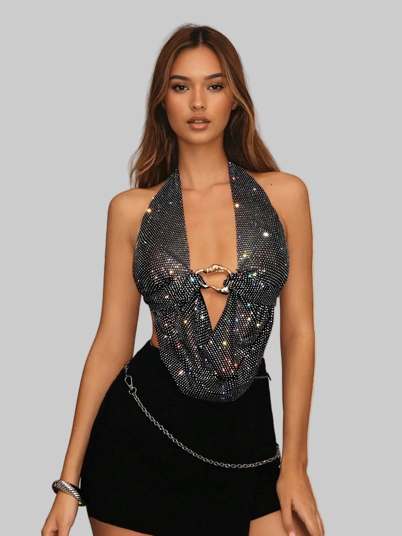 Rhinestone Mesh Crop Top - Backless Bandage Halter with Deep V-Neck