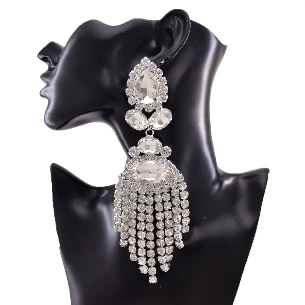 Rhinestone Clip-On Earrings | Long Tassel
