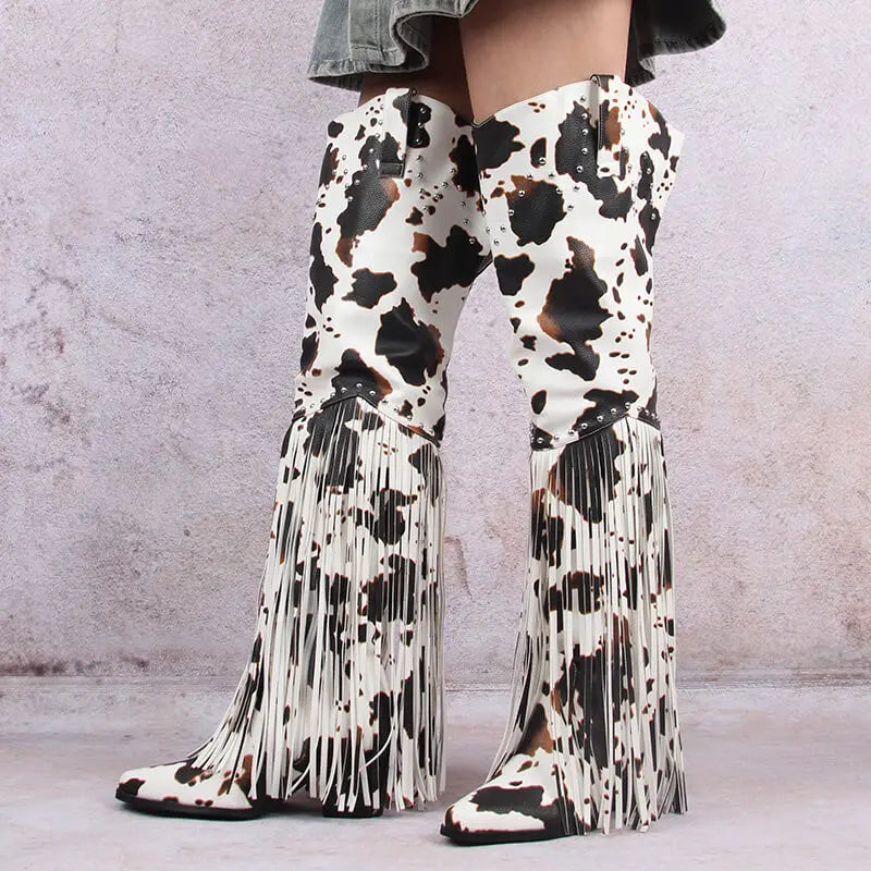 Thigh-High Fringe Boots | Chunky Heel | Pointed Toe