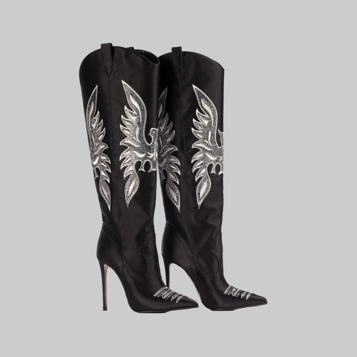 Denim Western Cowboy Boots - Embroidered Stiletto Heel Ankle Boots