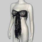 Sequin Tassel Mesh Tube Top - Sheer Backless Bandage Crop Top