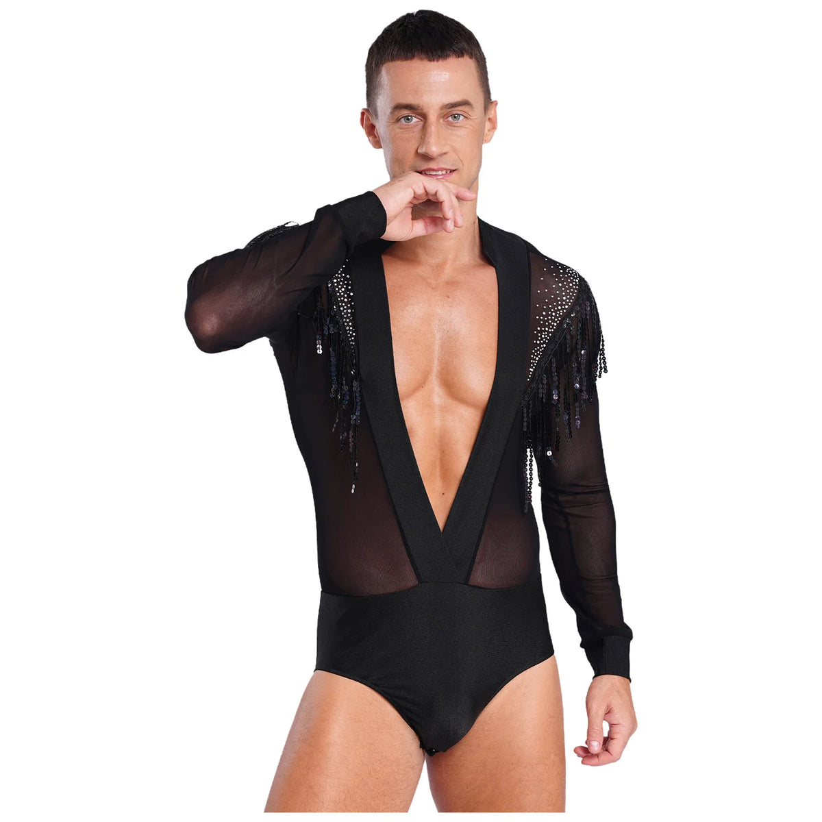 Men's Latin Dance Leotard | Deep Plunge V-Neck & Sheer Mesh Back | Tassel Detail