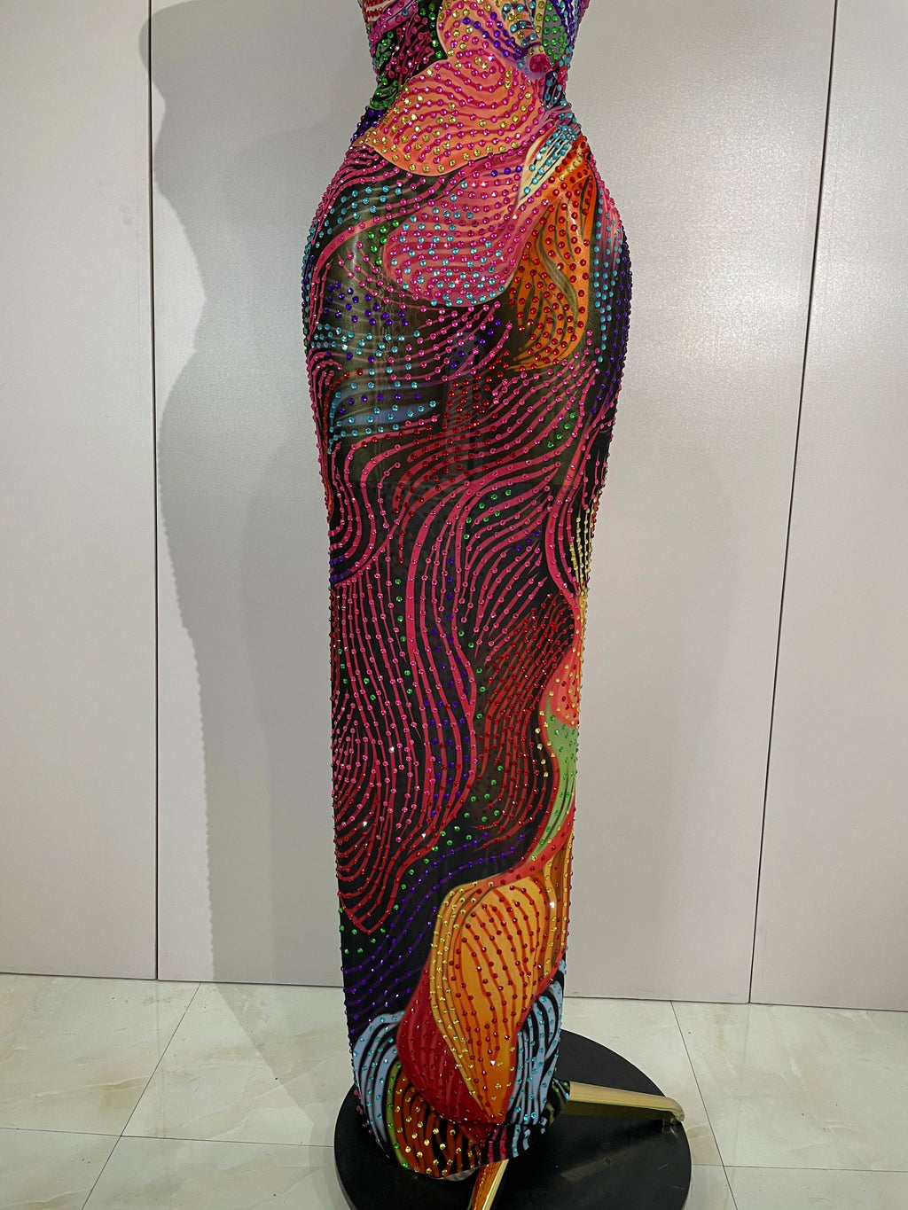 Colorful Rhinestone Halter Maxi Dress | Deep V | Backless