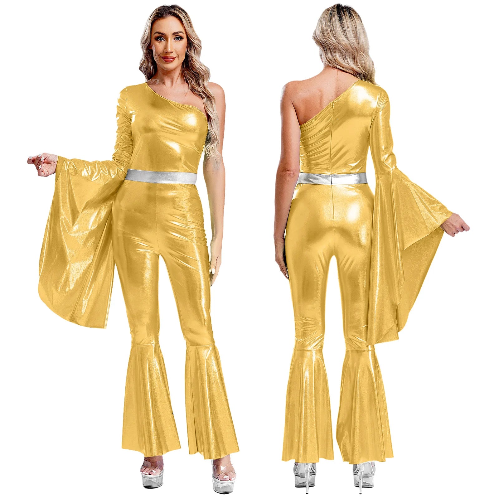 Women's Metallic Jumpsuit | Tiered Flare Sleeve | 70s Disco