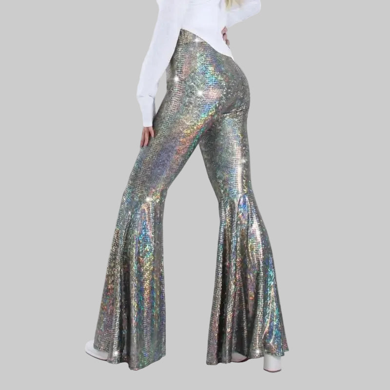 Sequin Bell-Bottom Performance Pants - High Waist Disco Flare Trousers
