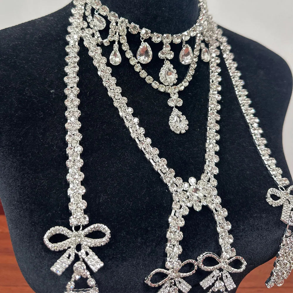 Rhinestone Bowknot Tassel Body Chain | Crystal Silver