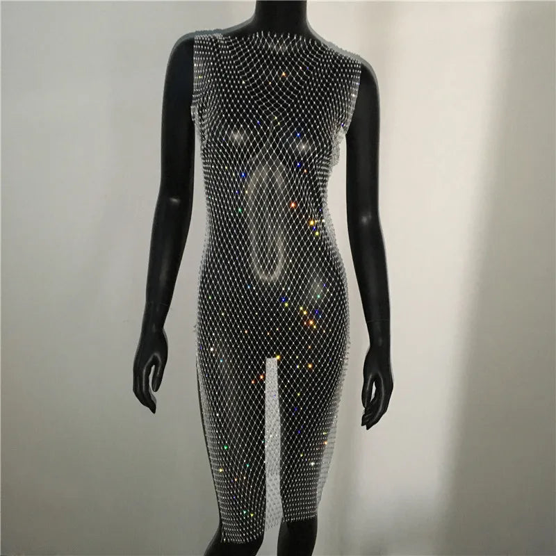 Rhinestone Fishnet Mini Dress - Sheer Cover Up