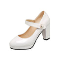 Round-Toe Mary Jane Platform Pumps — 9 cm Square Heel Extended Sizing