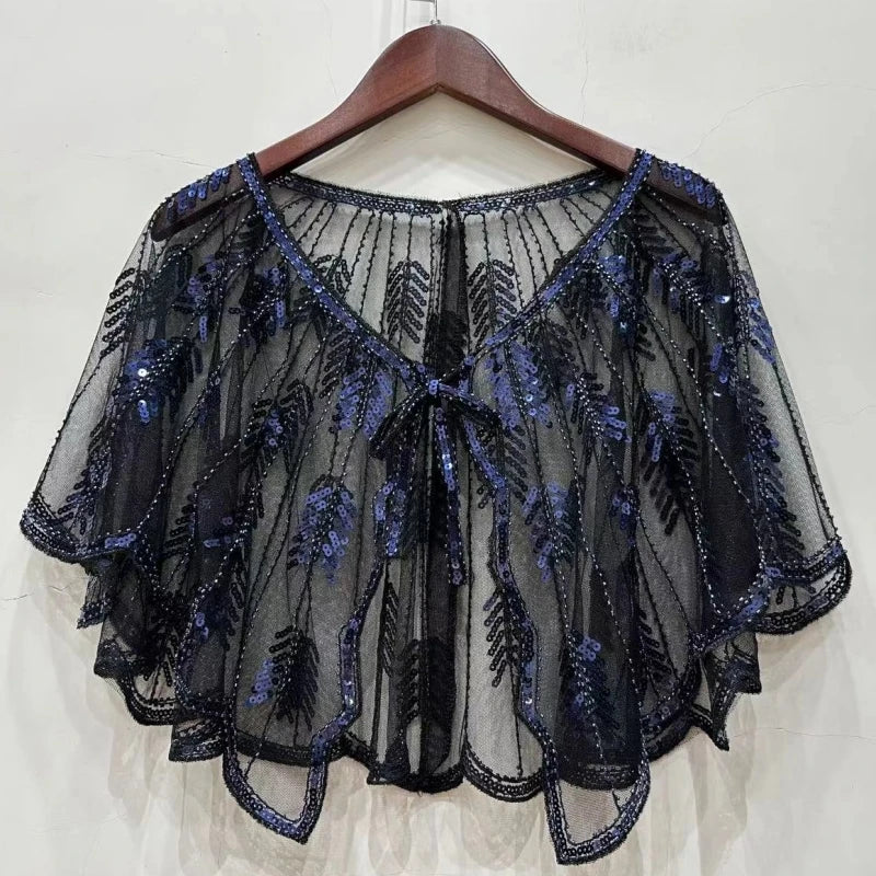 1920s Sequin Leaf Cape | Sheer Mesh Bolero | Flapper Shawl