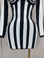 Stripe Long-Sleeve Bandage Mini Dress | Spiral Bust | Black & White