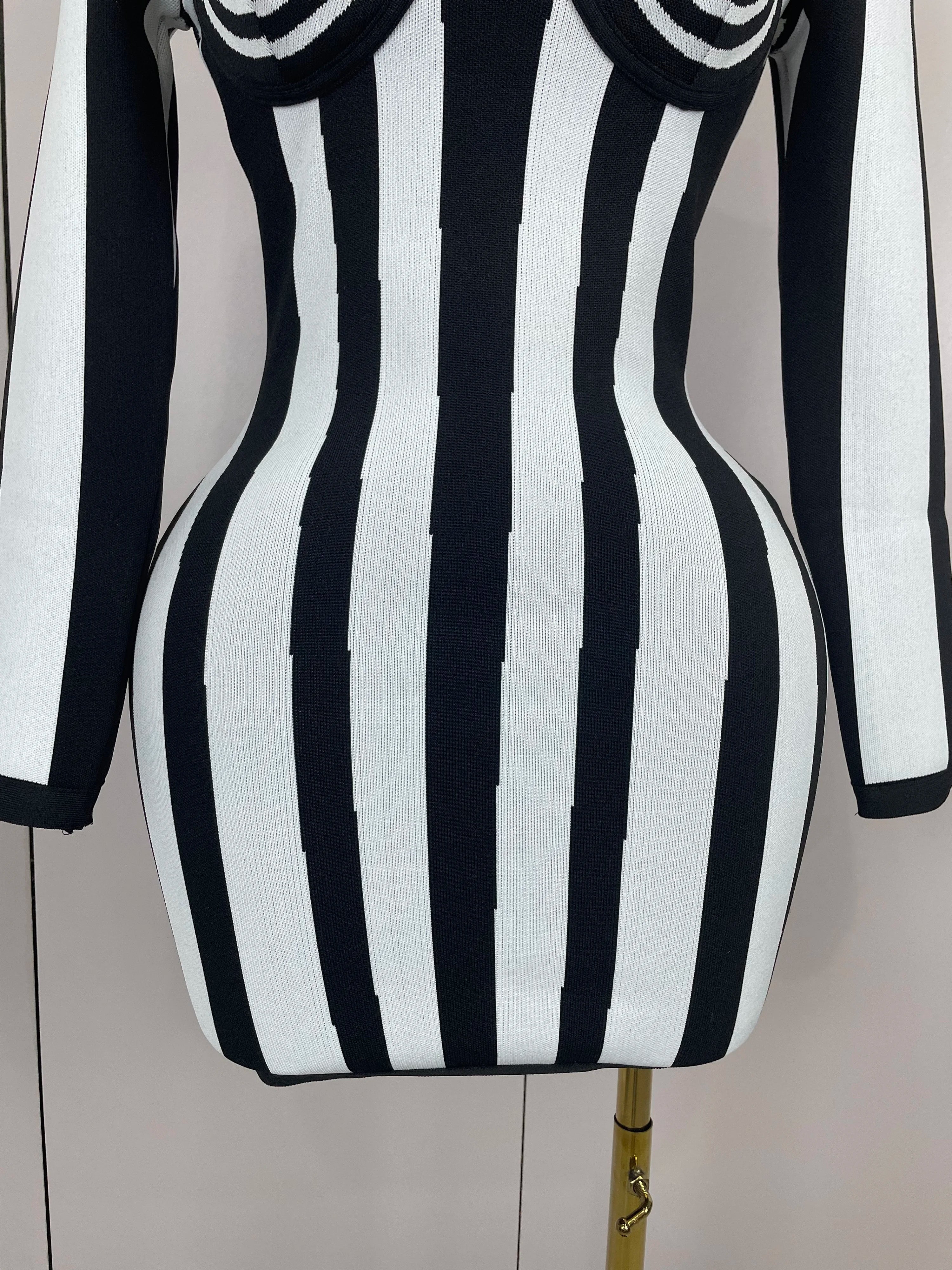 Stripe Long-Sleeve Bandage Mini Dress | Spiral Bust | Black & White
