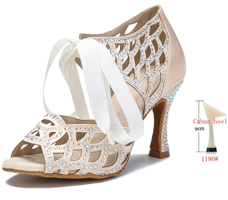 Cut-Out Lace-Up Latin Dance Sandals | Cuban Heel | 6–10cm | White, Black & Nude