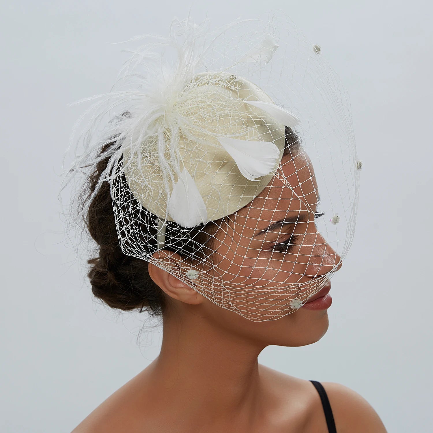 Pillbox Fascinator Hat | Fishnet Veil & Feather | 11 Colors