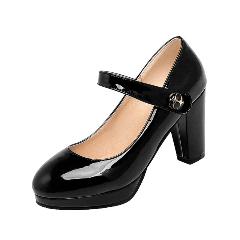 Round-Toe Mary Jane Platform Pumps — 9 cm Square Heel Extended Sizing
