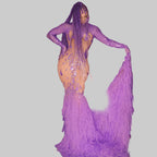 Purple Rhinestone Long Tail Dress - Luxury Crystal Performance Gown for Drag Queens & Performers