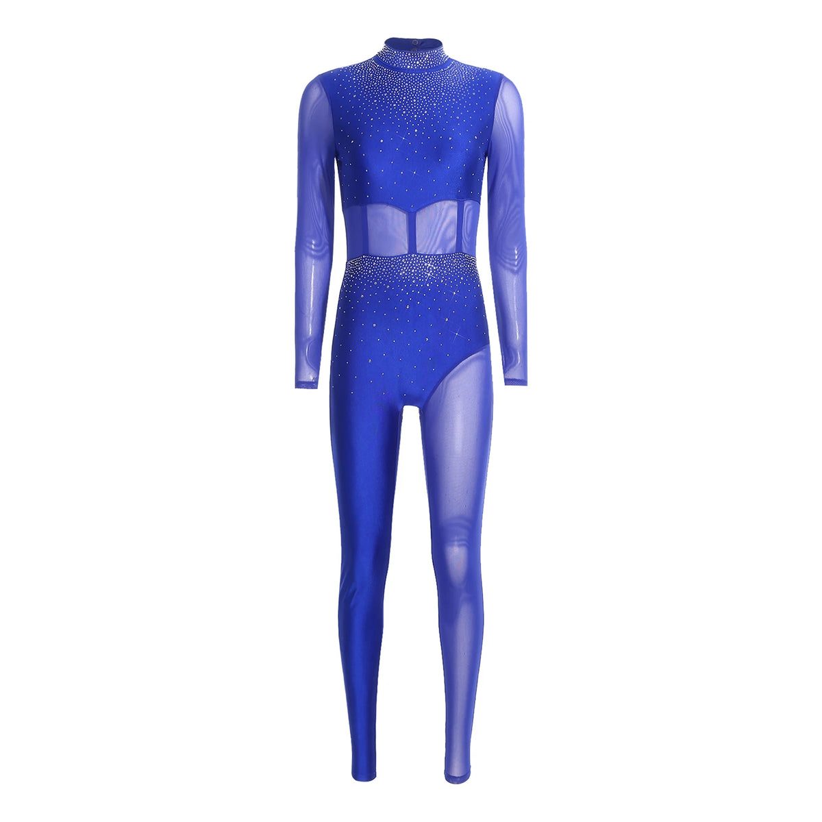 Women's Rhinestone Sheer Mesh Dance Jumpsuit | Mock Neck & One-Shoulder Styles | Gymnastics & Performance