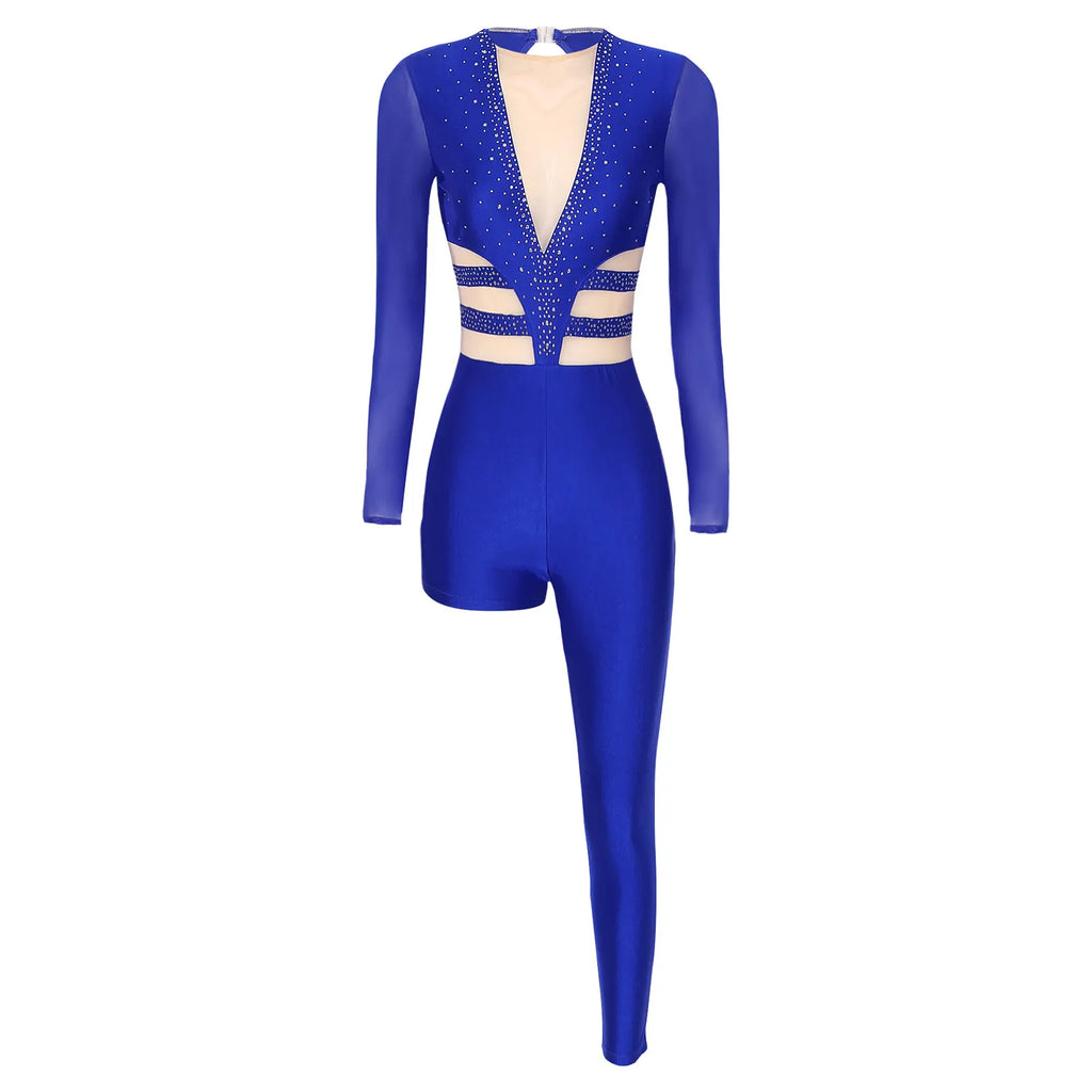 Women's Rhinestone Asymmetric Jumpsuit | One Long Leg & Sheer Mesh Illusion | Performance Bodysuit