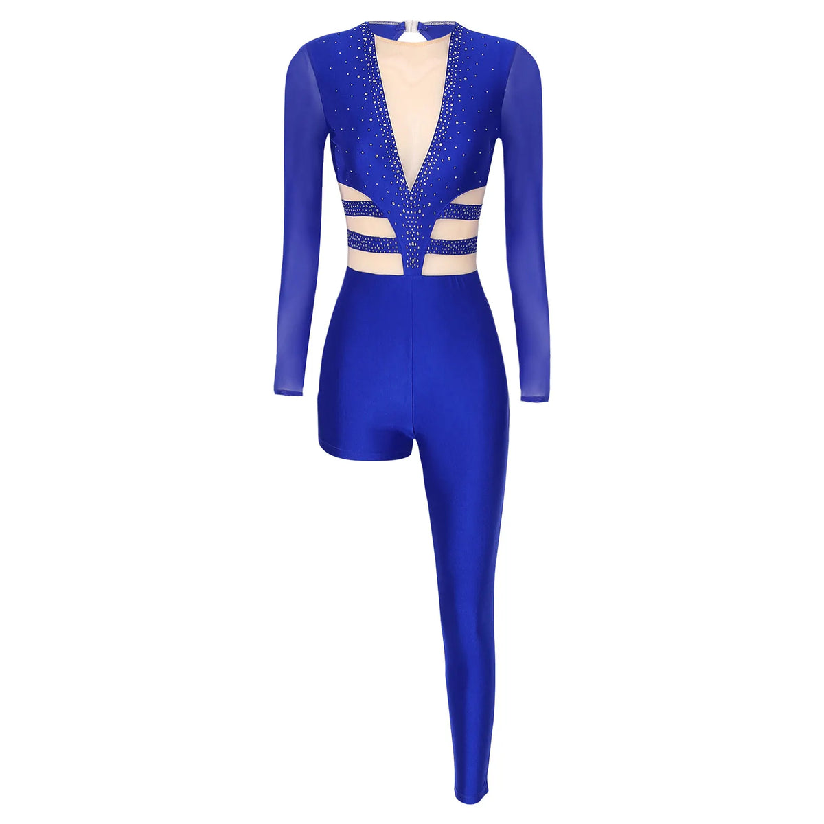 Women's Rhinestone Asymmetric Jumpsuit | One Long Leg & Sheer Mesh Illusion | Performance Bodysuit