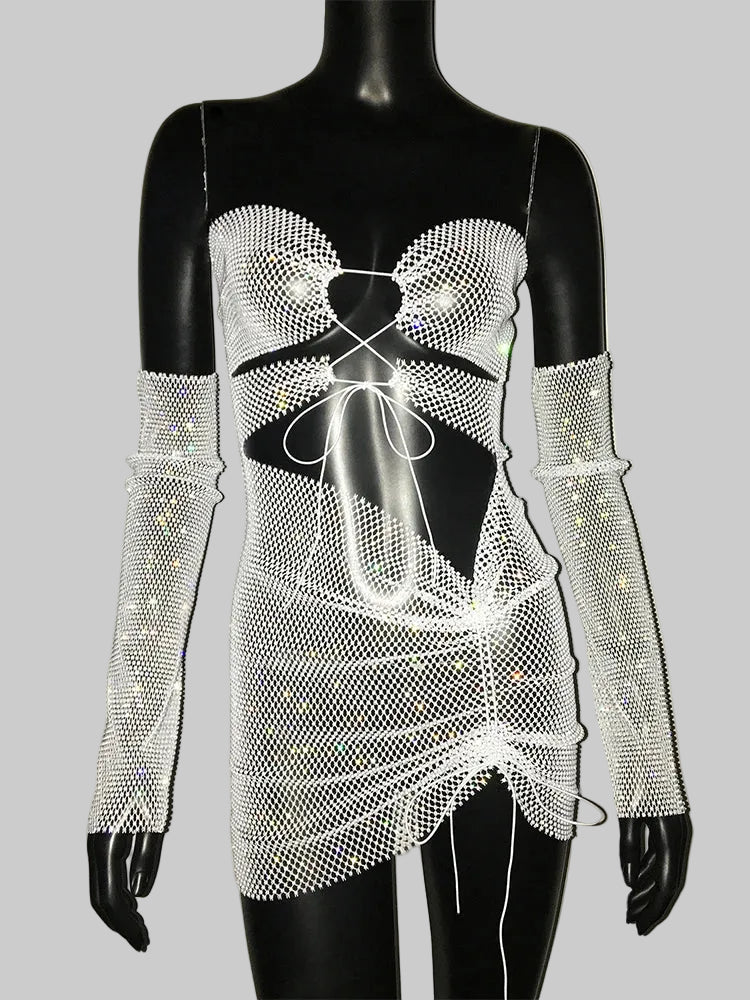 Rhinestone Diamond Two-Piece Set - Strapless Crop Top & Split Mini Skirt