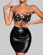 Fishnet Sequin Halter Crop Top - Sheer Backless Deep V Festival Top