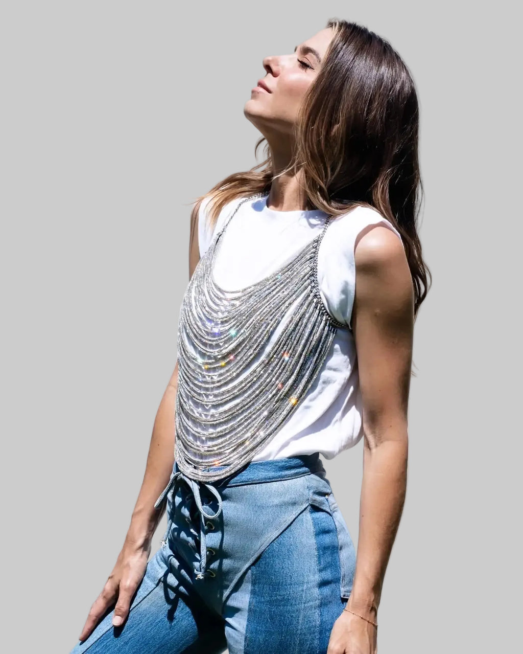 Rhinestone Tassel Halter Crop Top - Backless Chain V-Neck Festival Top