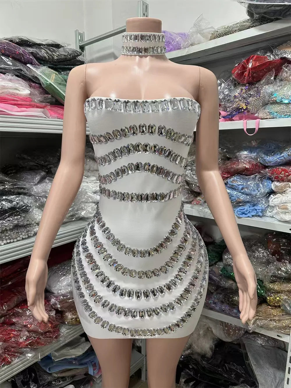 Rhinestone Bodycon Mini Dress | Strapless | Stage & Club