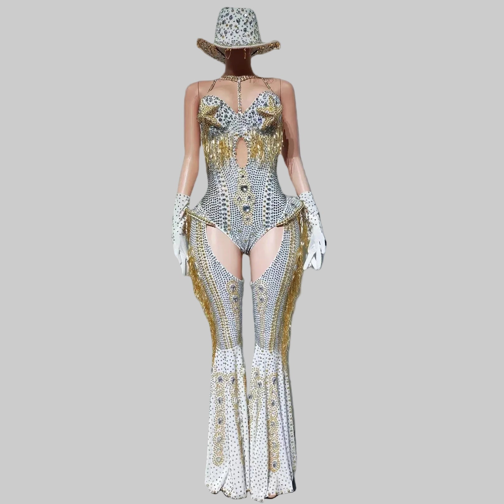 Rhinestone Bodysuit 4-Piece Set - Sparkly Showgirl Outfit with Flare Pants & Crystals