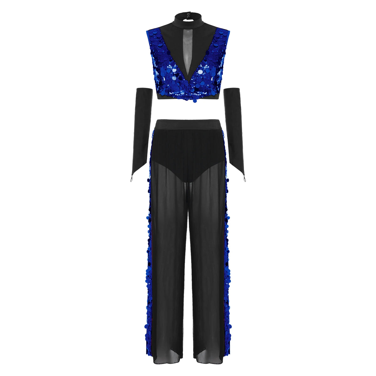 Sequin Crop Top, Mesh Pants & Gloves Set | Sleeveless Backless | Lyrical Stage Performance