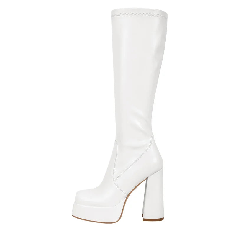 Platform Knee-High Boots | Square Toe Side Zip | 12cm Heel | Sizes US 5–15