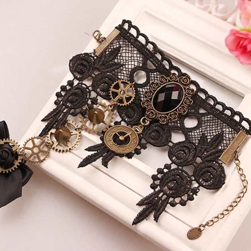Steampunk Gear Bracelet with Finger Ring | Black & Khaki