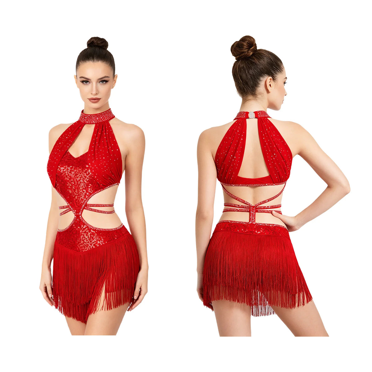 Shiny Latin Tassel Fringe Dress | Halterneck Keyhole Cutout | Samba Tango Performance