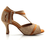 Glitter T-Strap Latin Dance Sandals | Thin Heel | 6–10cm | Nude