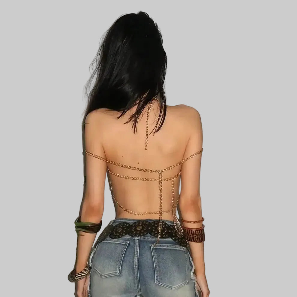 Sequin Deep V-Neck Halter Crop Top with Bandage Back