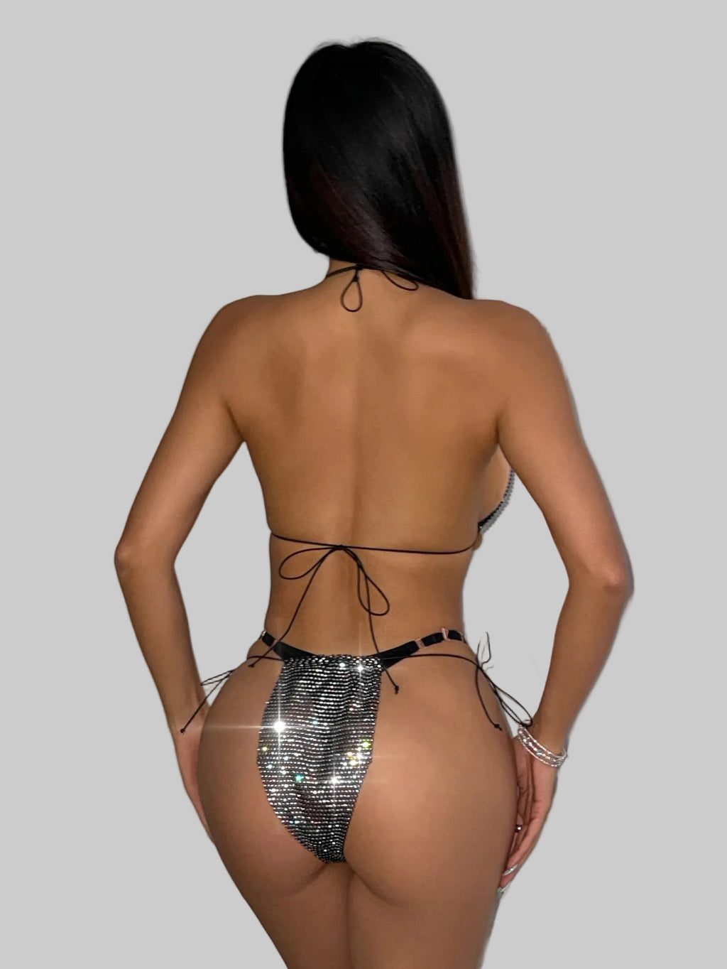 Rhinestone Sequin Tassel Bikini Set - Mesh Fishnet Swimsuit