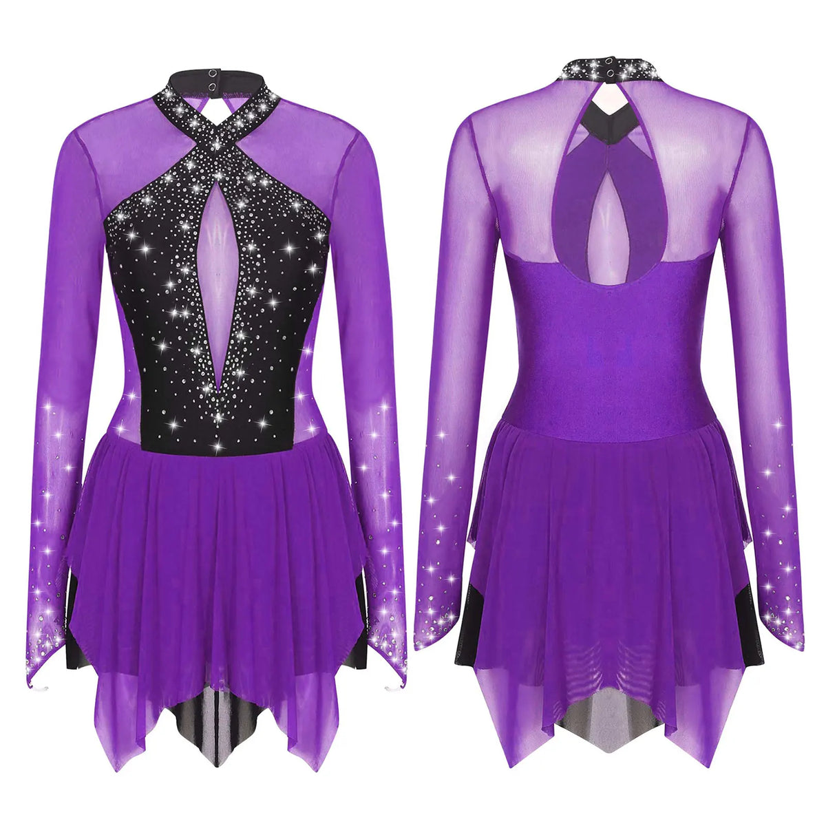 Rhinestone Mesh Skating Dress | Long Sleeve | Backless