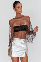 Rhinestone Fishnet Mesh Crop Top - Long Sleeve See-Through Top