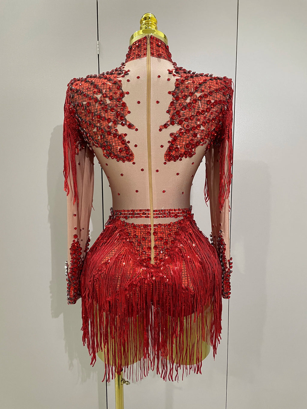 Rhinestone Bodysuit | Red Sequin Fringe
