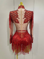 Rhinestone Bodysuit | Red Sequin Fringe