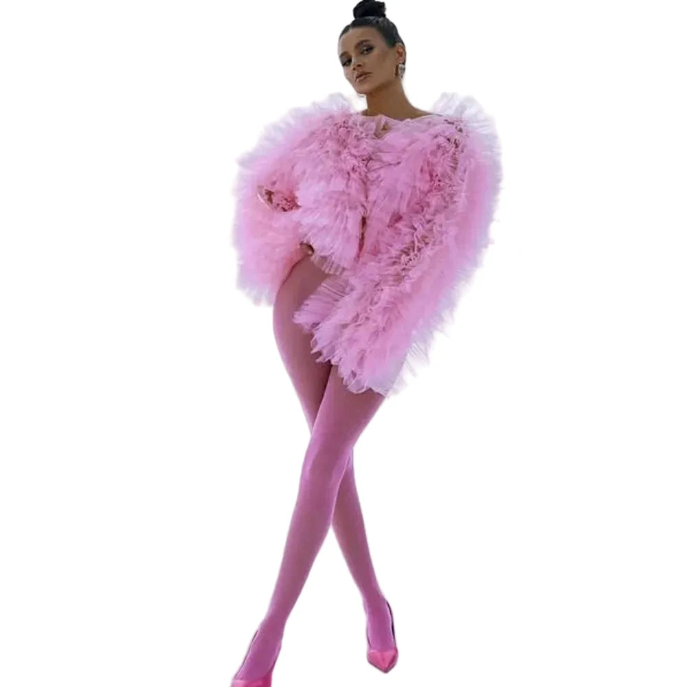 Pink Ruffle Tulle Jacket | Puff Sleeves | Burlesque & Pop Star | Stage Performance
