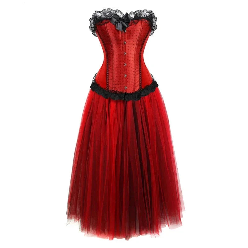 Red Satin Overbust Corset Dress | Black Lace & Tulle | Burlesque & Victorian | XXS–7XL