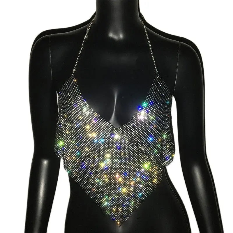 Rhinestone Halter Crop Top - Backless Metal Camisole for Festival & Stage