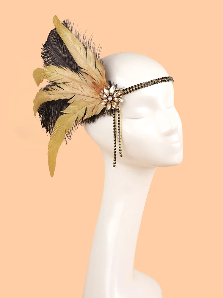 1920s Flapper Feather Headband | Rhinestone & Chain | 3 Colors