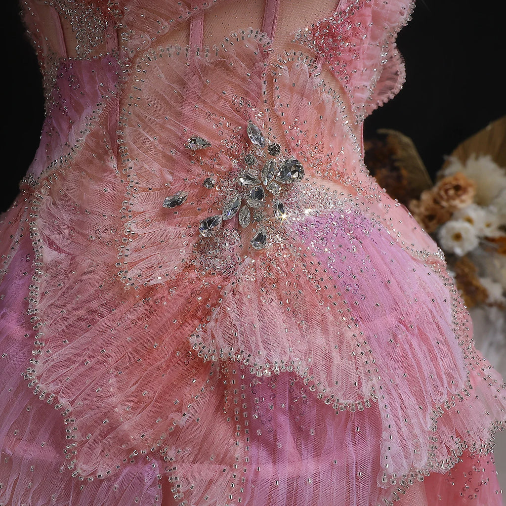 3D Floral Crystal Gown | Strapless Draped Tulle | Pink