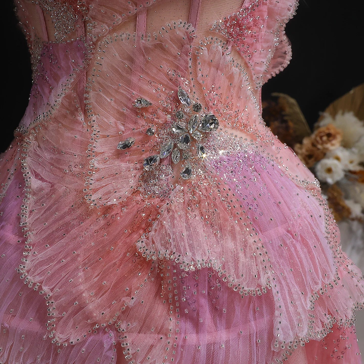 3D Floral Crystal Gown | Strapless Draped Tulle | Pink