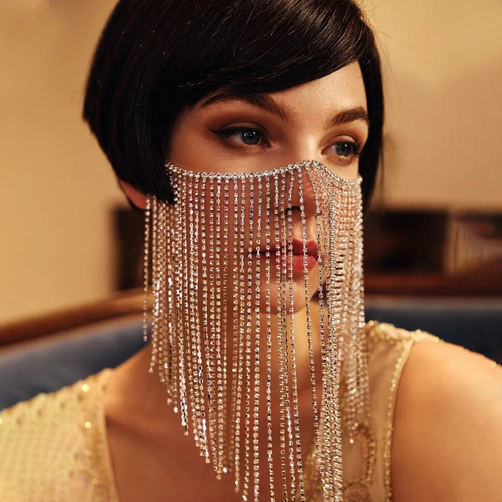 Dazzling Rhinestone Fringe Face Mask - Showgirl, Festival & Performance Accessory