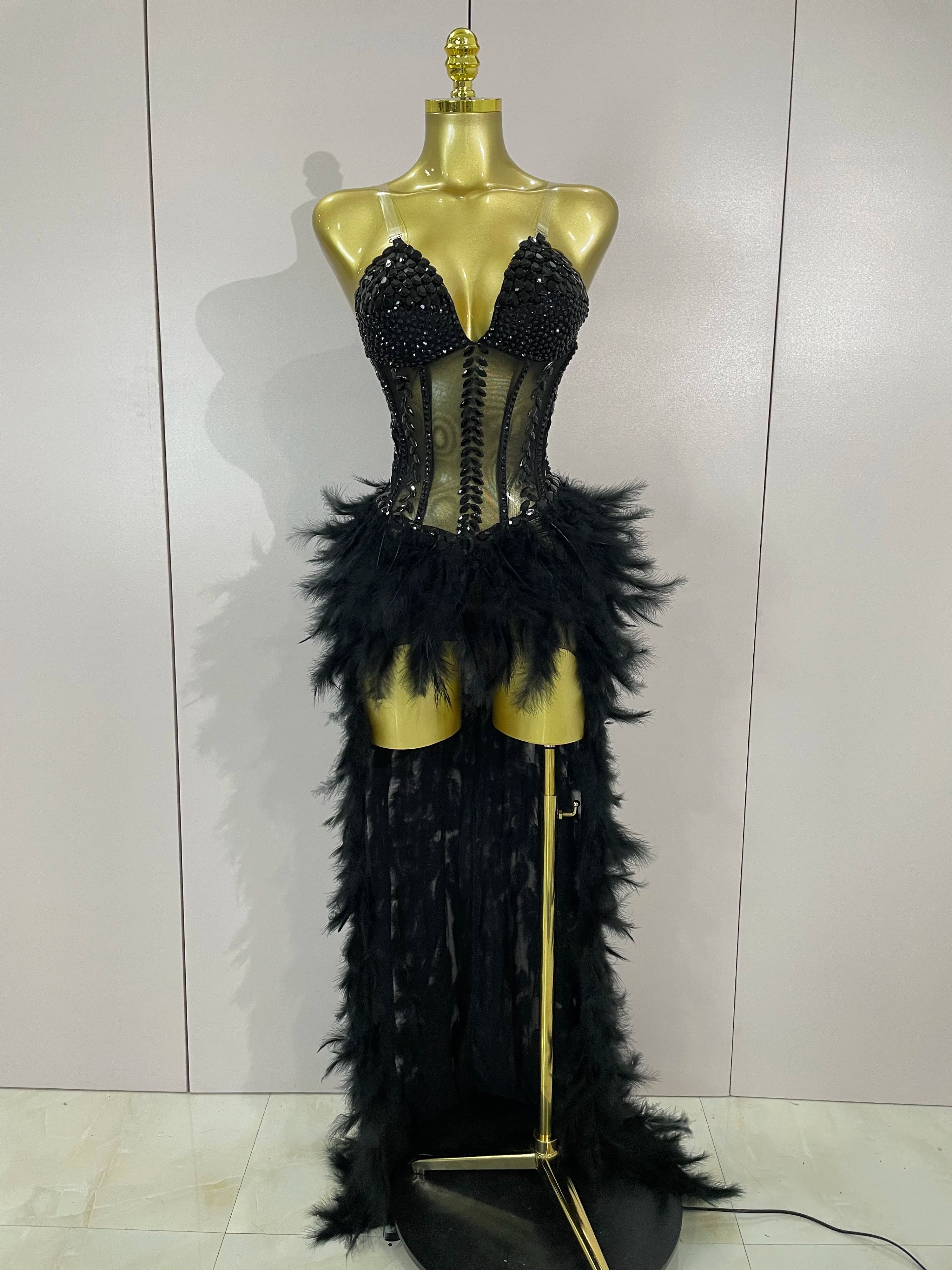 Rhinestone Corset Feather Gown | Long Feather Train | Red, Black & White