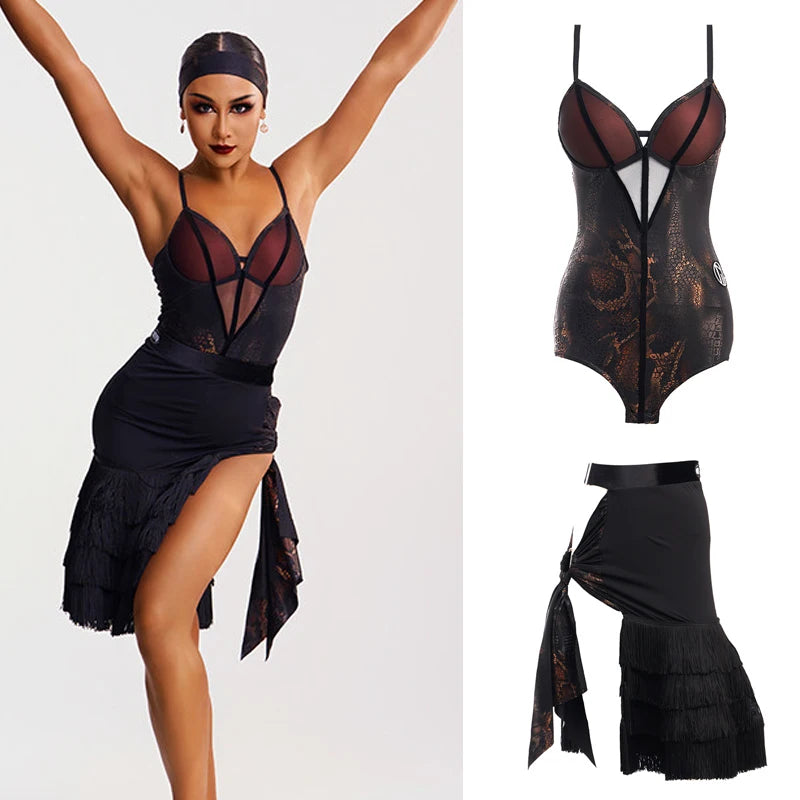 Latin Dance Costume | Mesh Bodysuit Top & Skirt Set